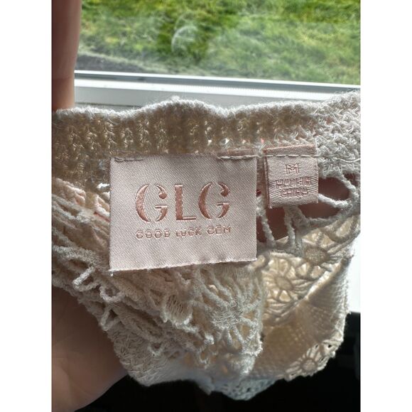 NWOT GLG Women's Cream Knit Crochet Button Front Short Sleeve Top Size M - Picture 7 of 9